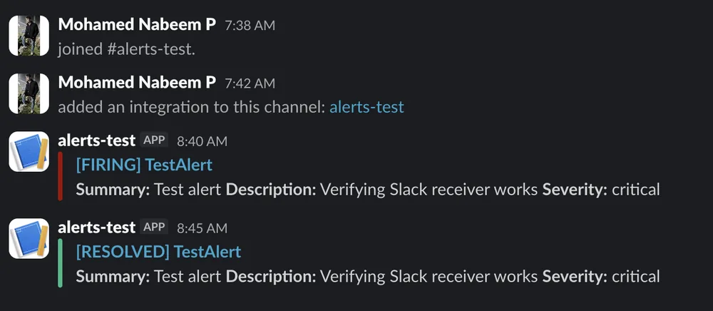 Alertmanager alerts delivered to Slack