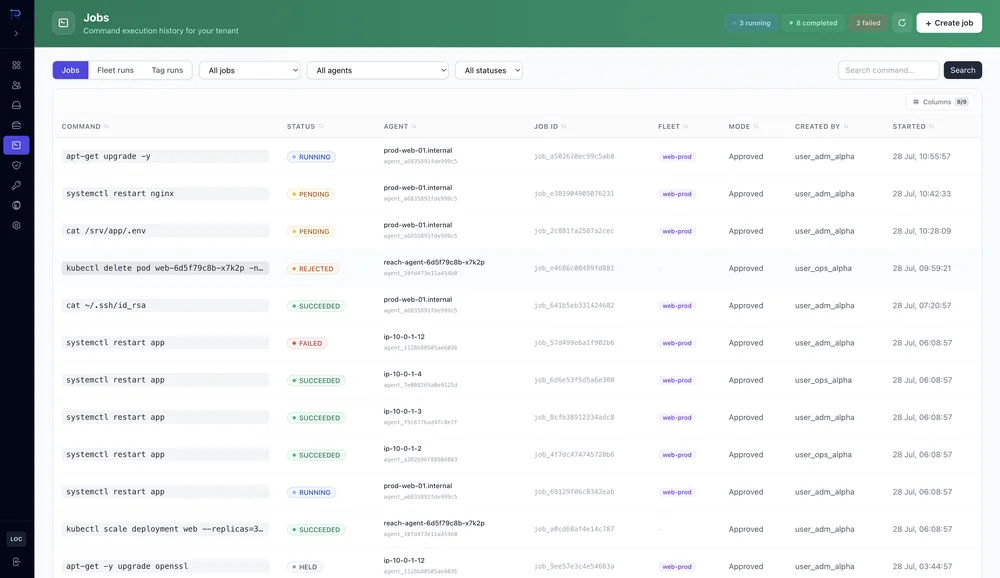 Reach console: jobs history