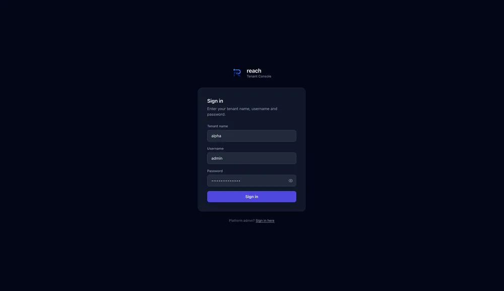 Reach tenant console sign-in